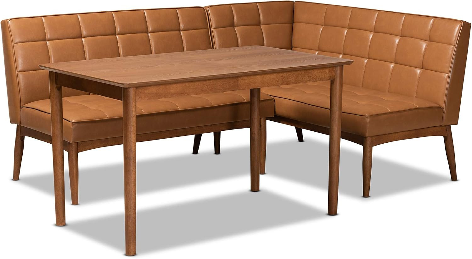 Sanford Dining Nook Set Tan Faux Leather Upholstered and Walnut Brown Finished W