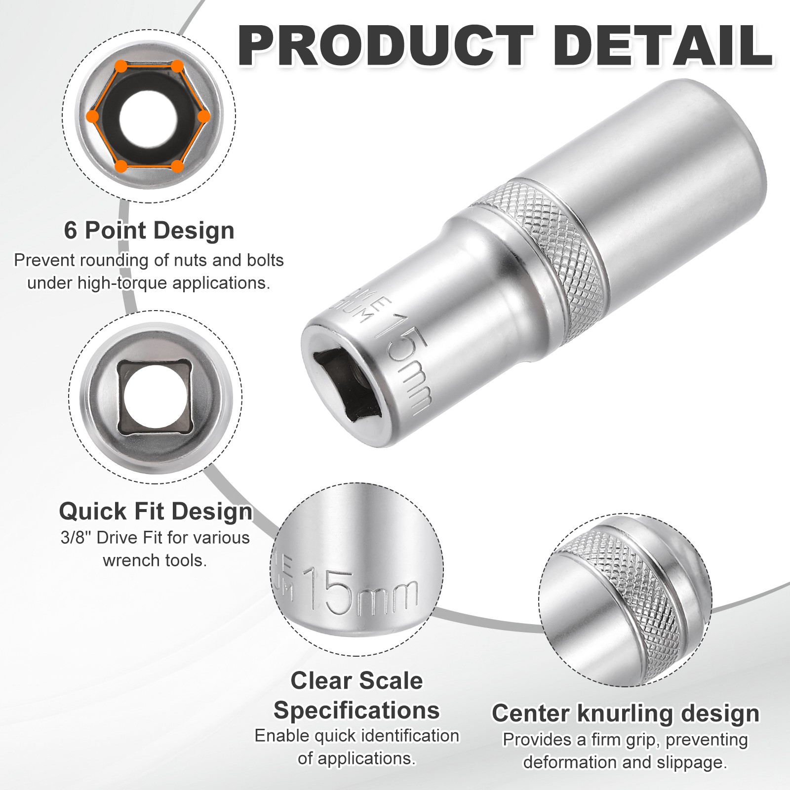 3pcs 6 Points Deep Socket 3/8" Drive 15mm Nickel Plating Impact Socket 2.5" Long