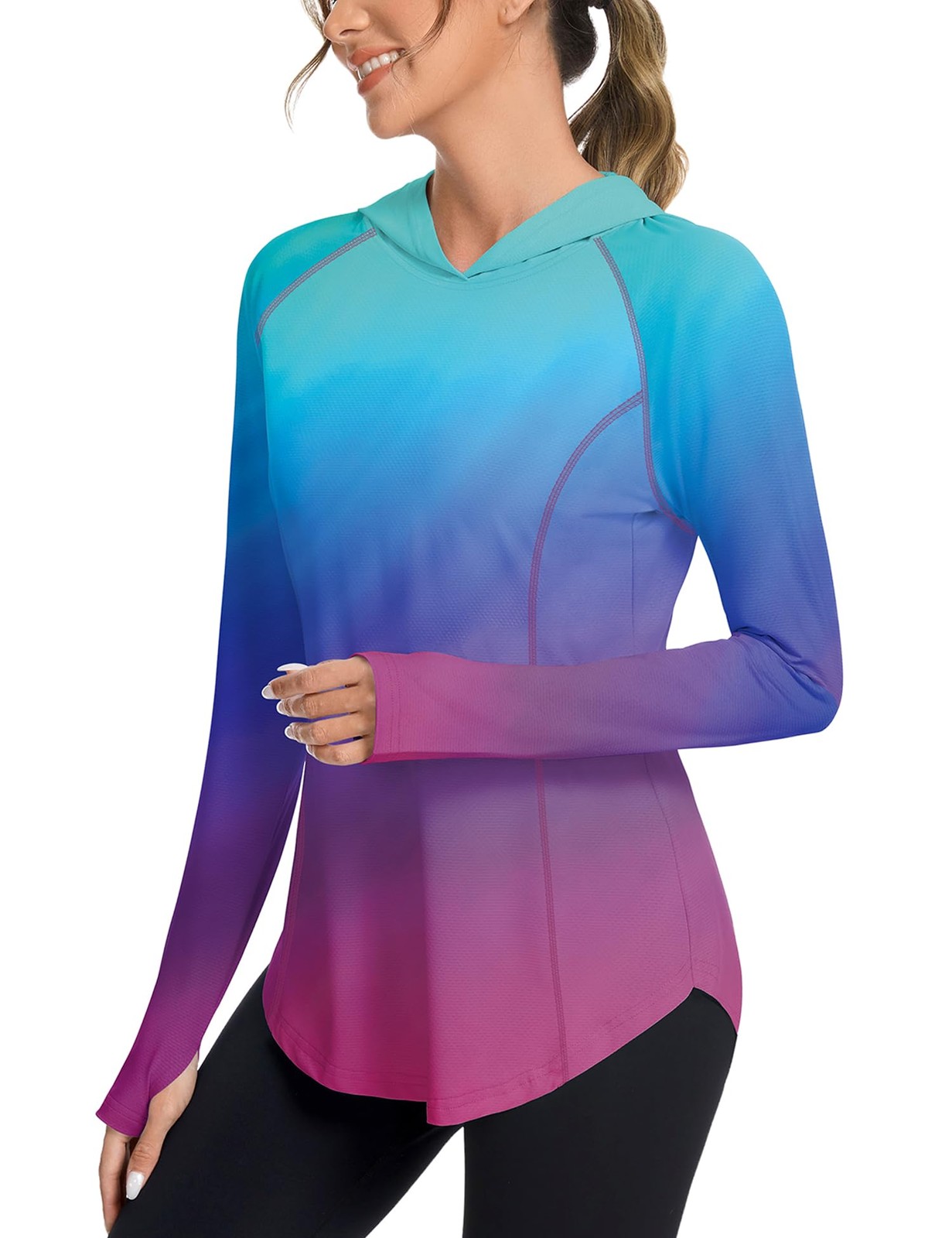 Women UPF50+ Long Sleeve Shirts Sun Hoodie Gradient Rainbow, M