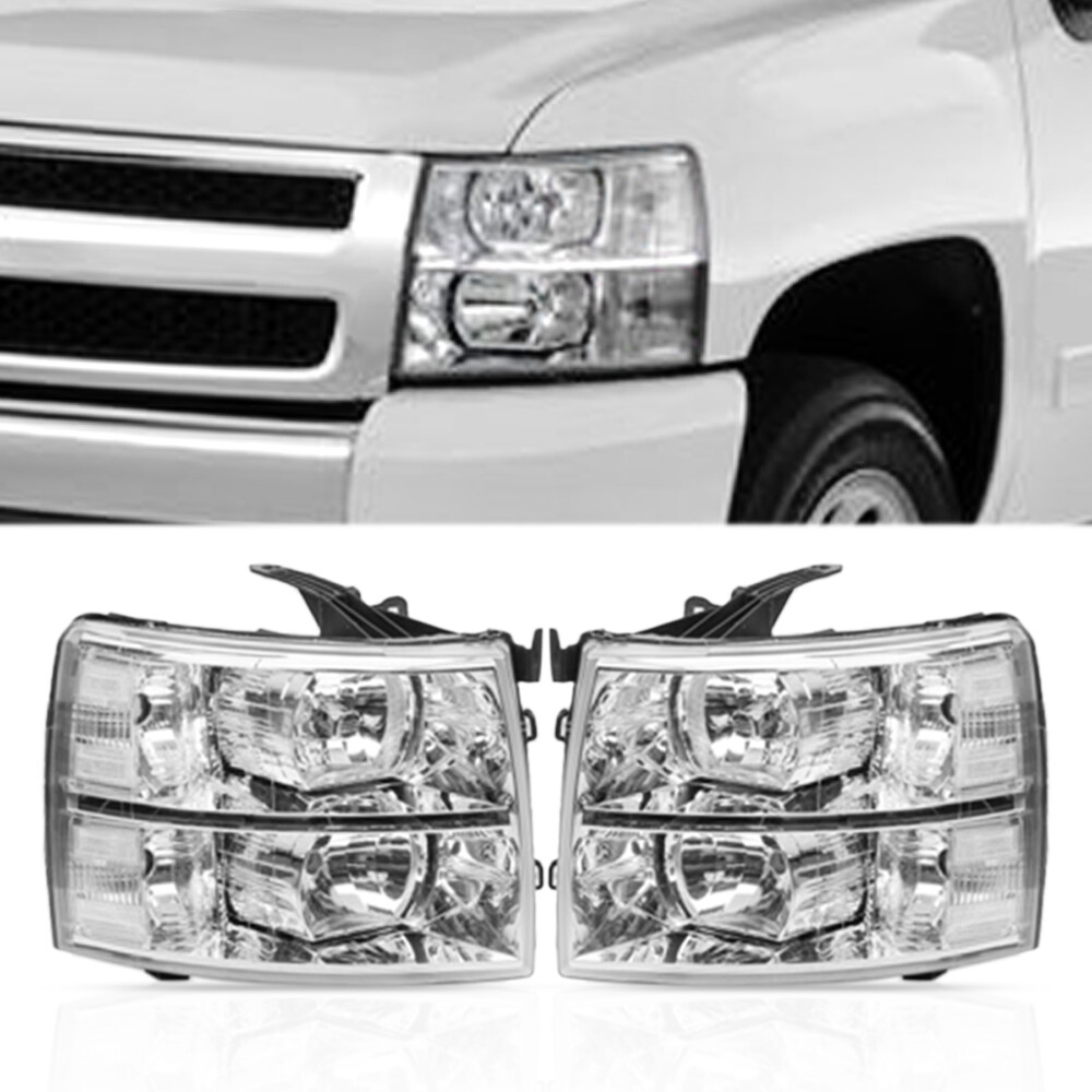 Headlights Chrome Housing Clear Lens Pair for 07-13 Chevy Silverado 1500 2500HD