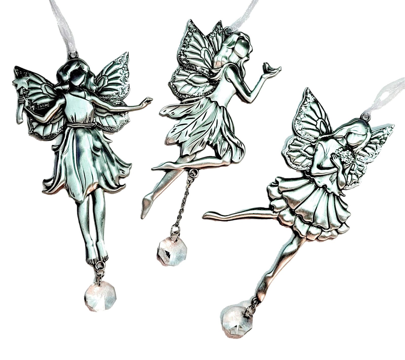 Set of 3 Fairy Suncatchers Window Prism Ornament Engraved Silver Metal