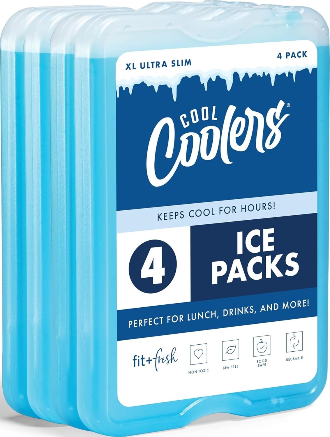Cool Coolers by Fit & Fresh 4 Pack XL Slim Ice Packs, Quick Freeze Space Saving