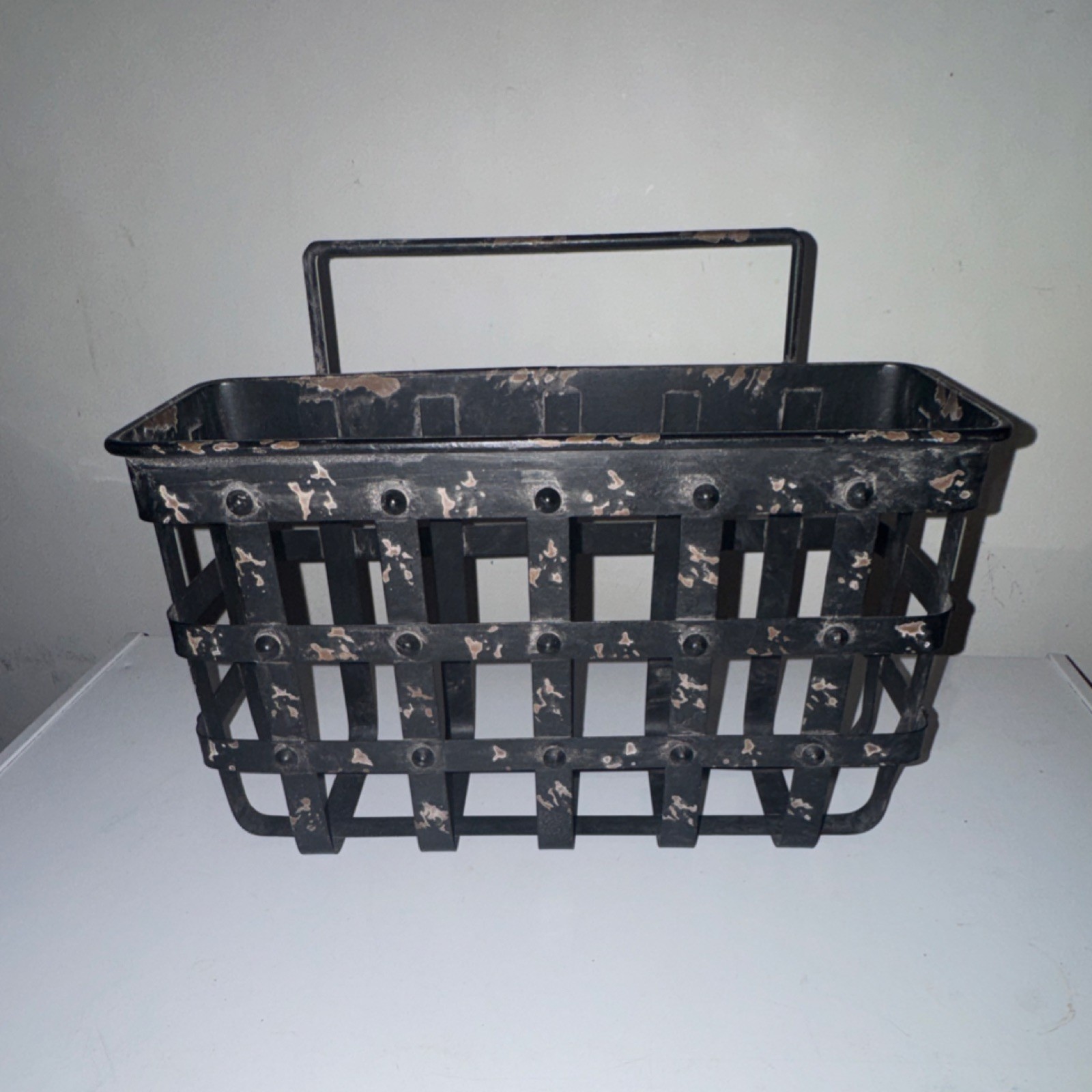 Industrial Black Metal Rectangular Basket with Handle, Durable Indoor Décor
