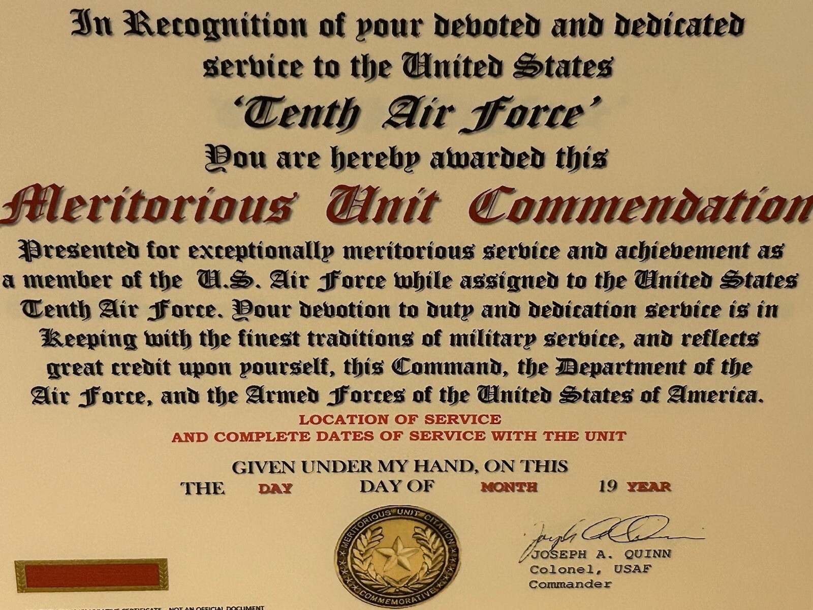 U.S. AIR FORCE / 10TH AIR FORCE - MERITORIOUS UNIT COMMENDATION CERTIFICATE