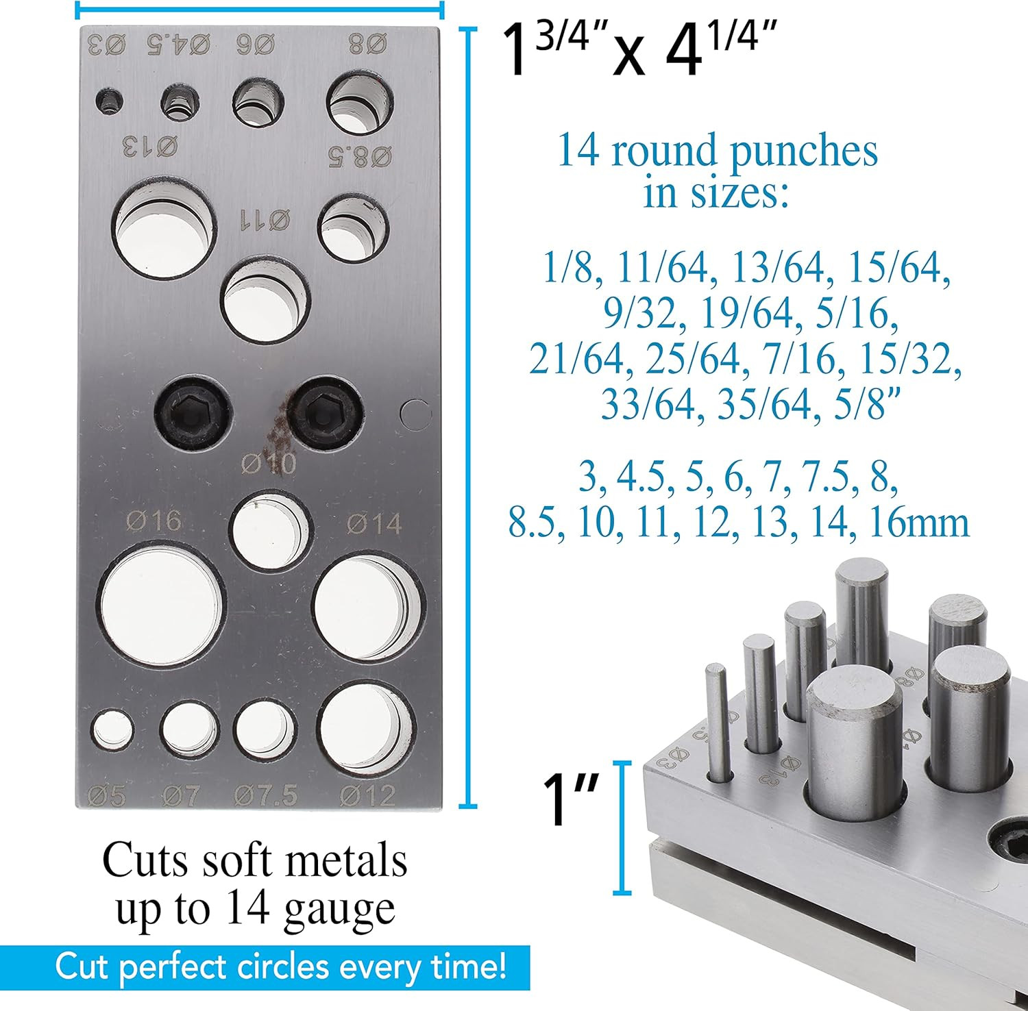 Steel Circle Disc Cutter Set with 14 Punches and Die. Tool for Cutting Accurate