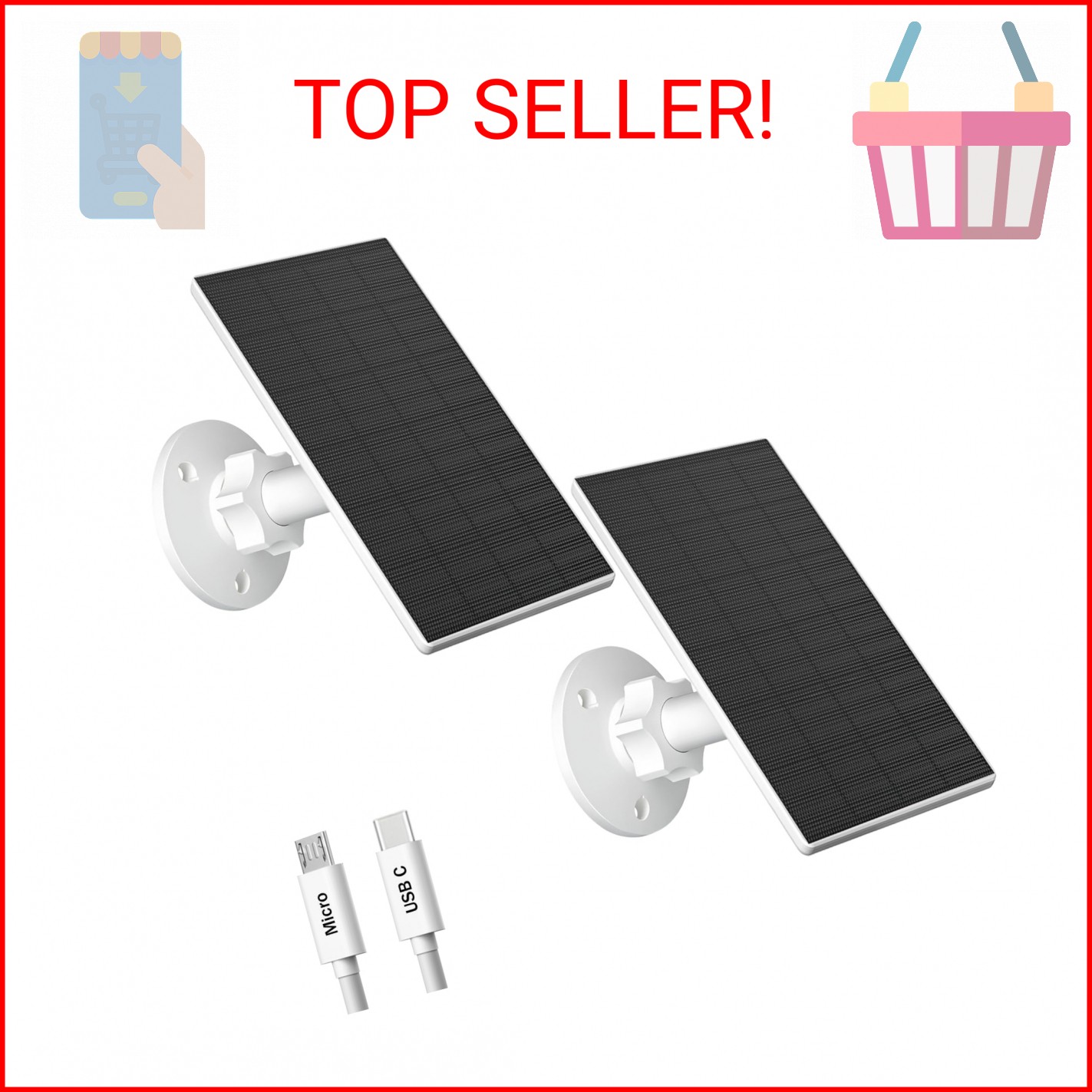 Zivif 2W Solar Panel for Security Cameras, Solar Charger with Micro USB & USB-C