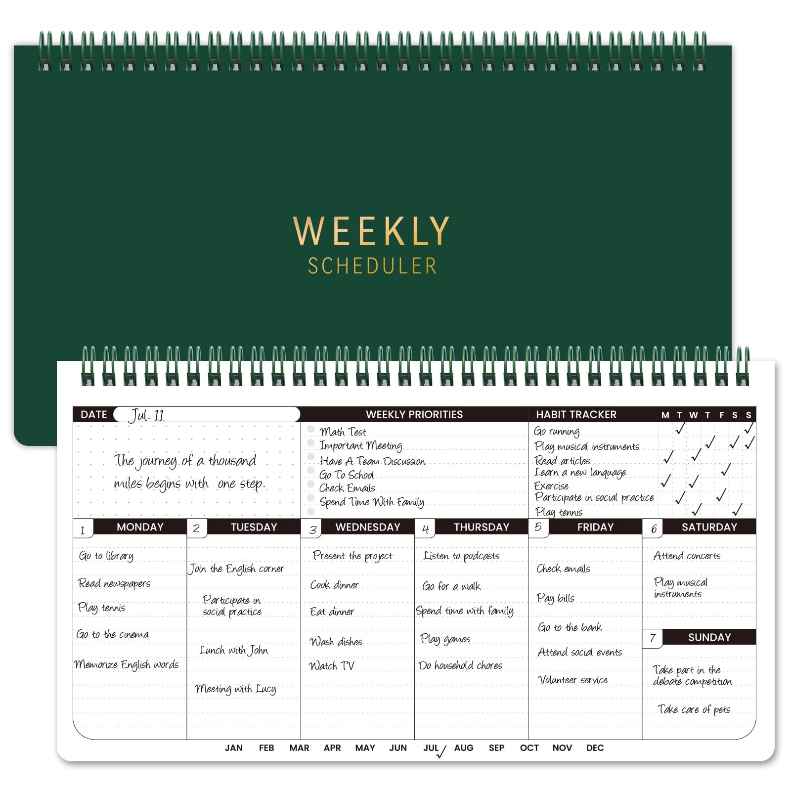 Weekly Planner 2026-2027 - 11.2" x 6.3", Dark Green Spiral Bound, Thick Paper...