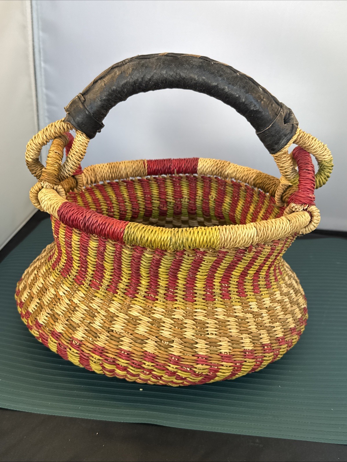 Blessings Basket Ghana Africa Handmade Woven Blue Purple Natural 8" Diameter