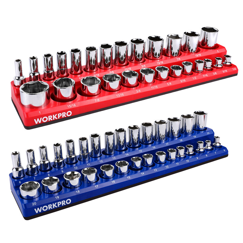 WORKPRO 2PC 3/8" Magnetic Socket Organizer Set SAE & Metric Socket Holders Carts
