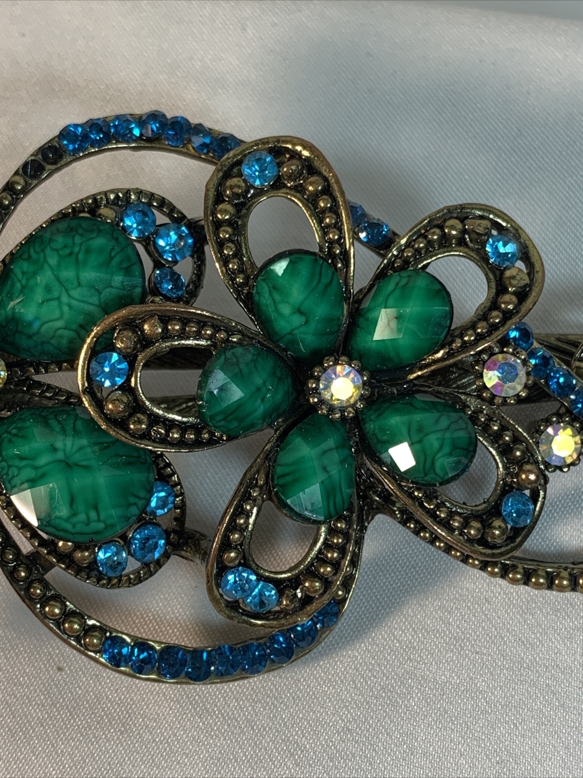 Beaded Bejeweled Retro Green/Blue Burnished Gold 4" Hair Clip