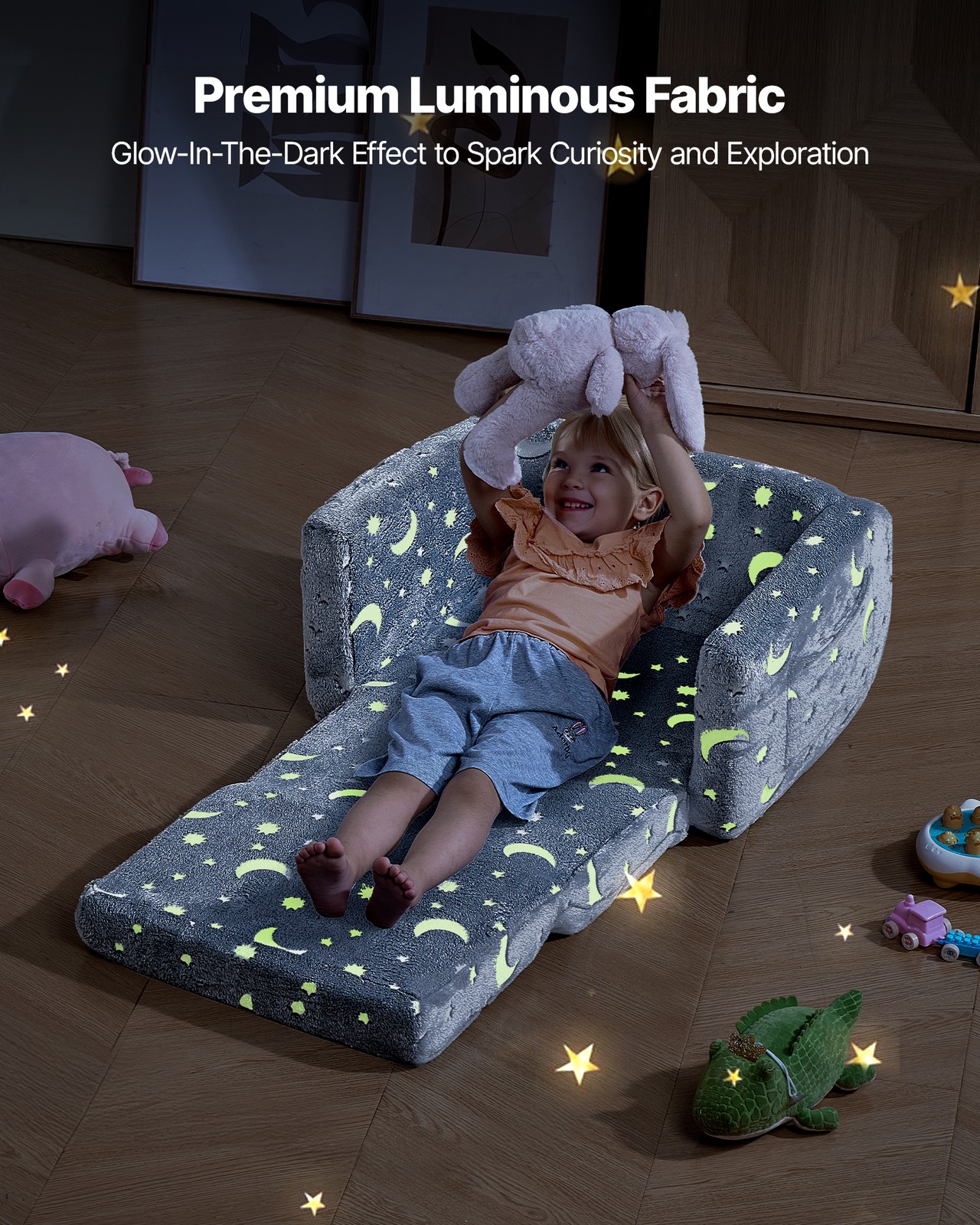 VEVOR 2-in-1 Kid Sofa Foldable Toddler Couch w/ Armrests Glow in the Dark M Gray