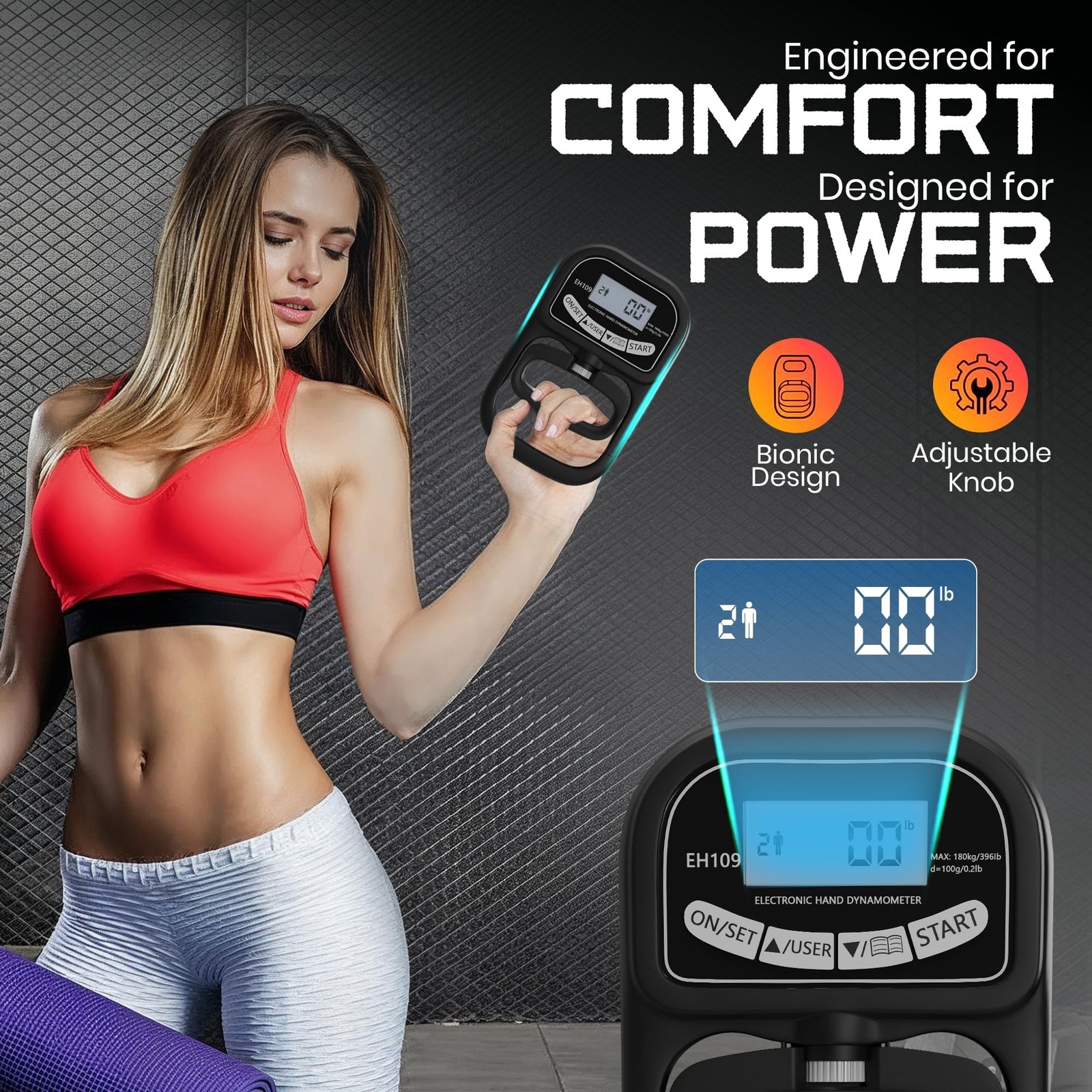 Hand Grip Strength Tester 396lbs/180kg Digital Dynamometer with LED Display, ...