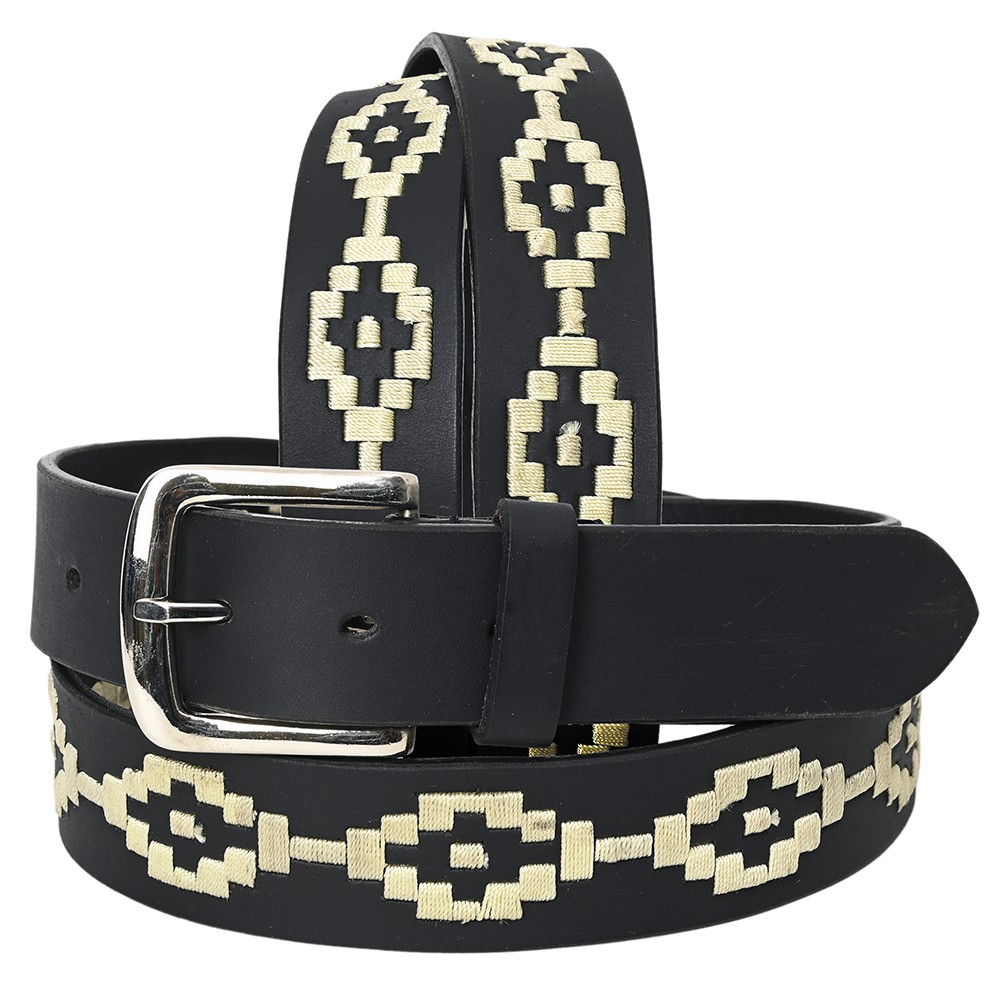 BE BAR H EQUINE Western Genuine Leather Men And Women Black Belt Embroidered