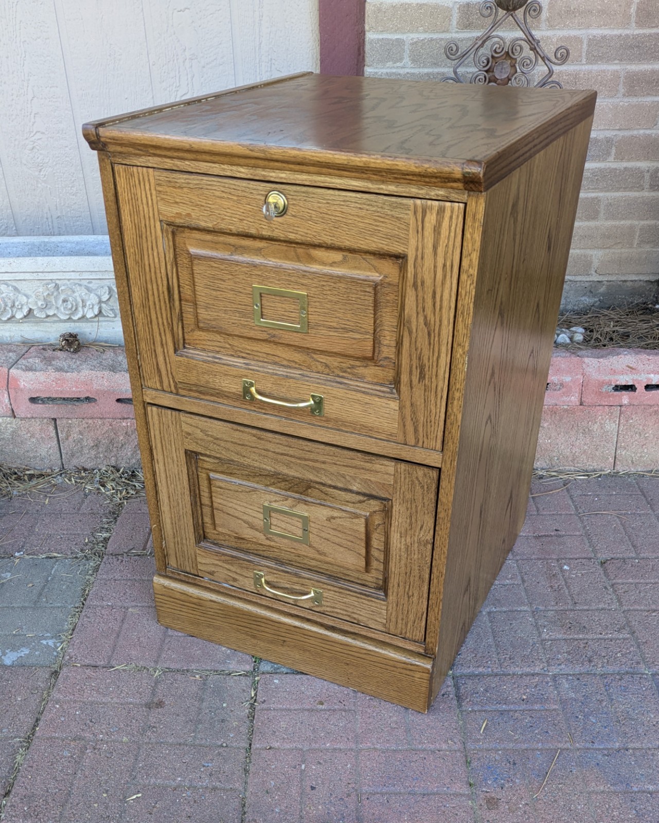 Vintage Industrial Mission Style Oak Wood File Cabinet 2 Drawer Brass W26
