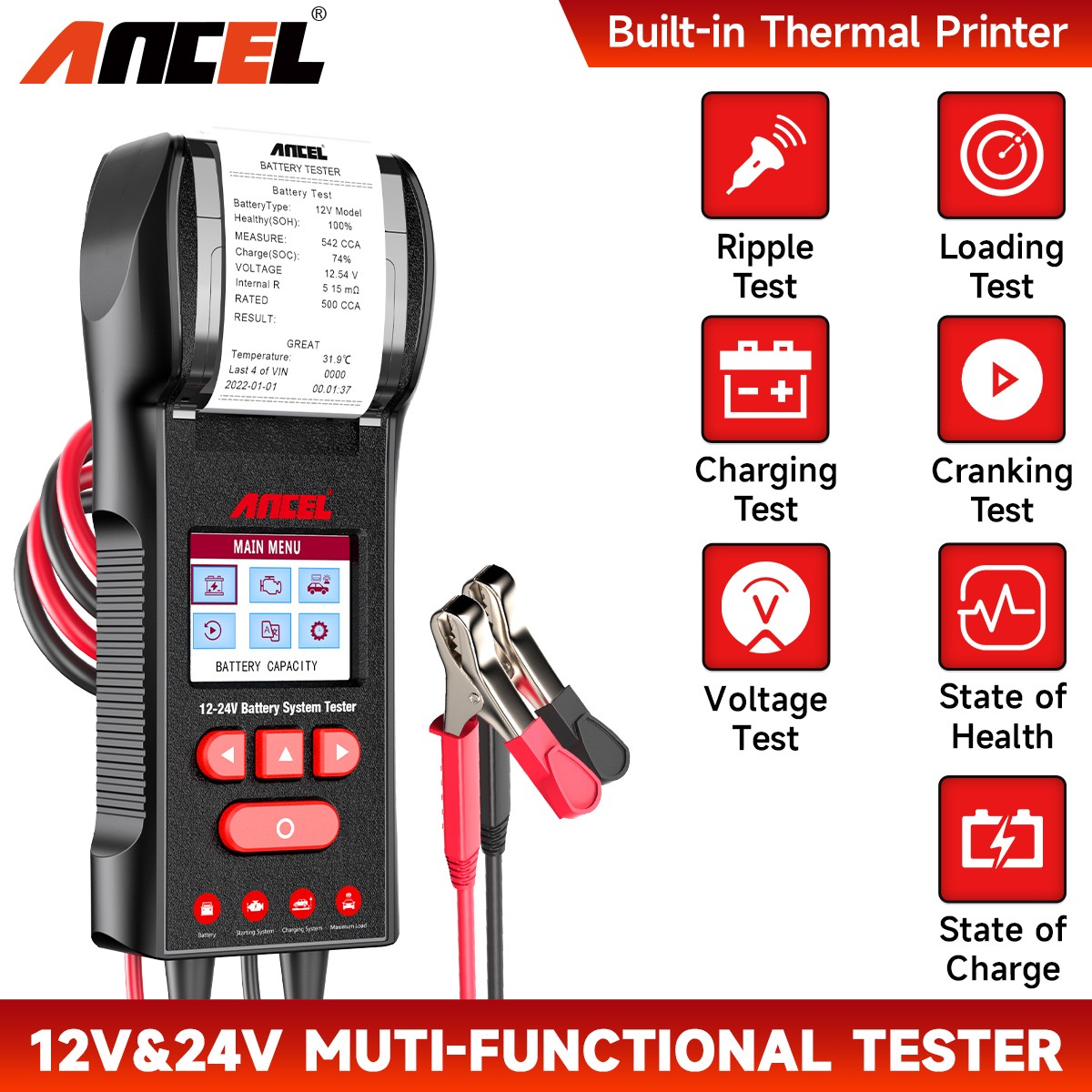 ANCEL BST600 100-2000 CCA Car Battery Tester Cranking Charging Test Printer