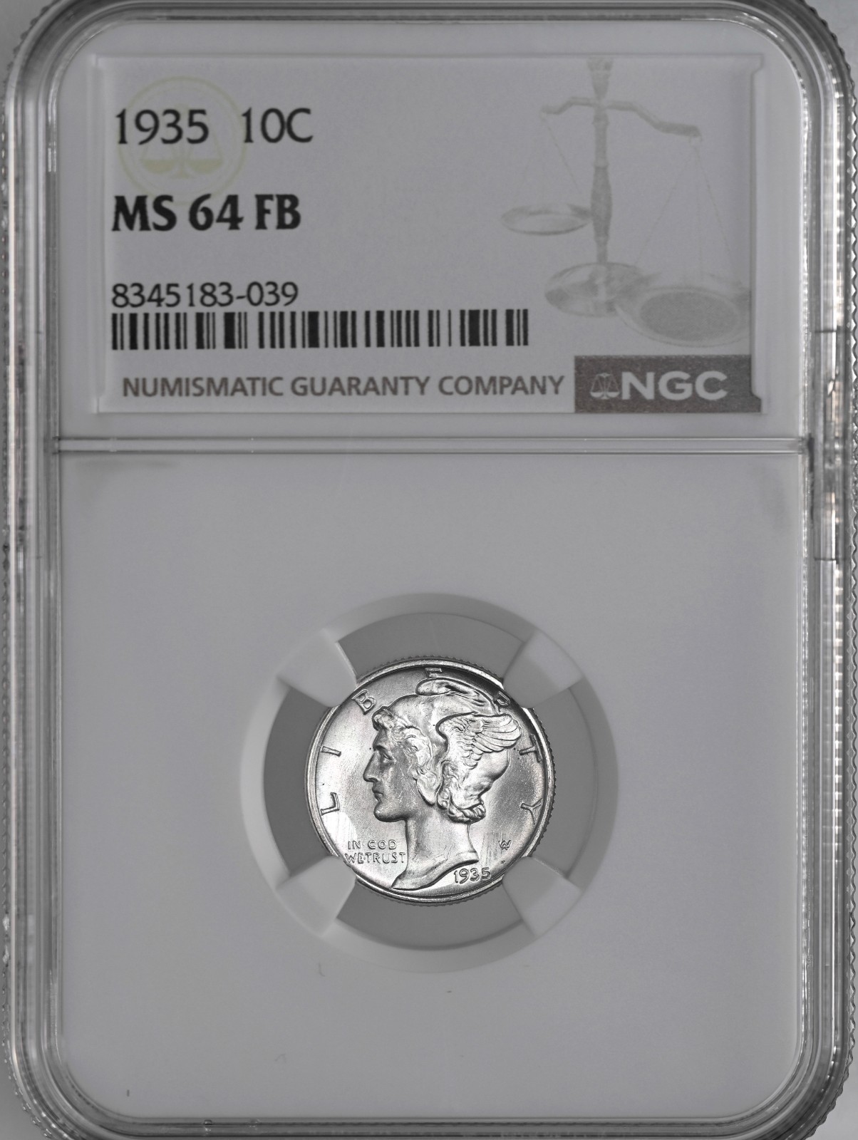 1935-P  10C  MERCURY SILVER DIME  "FULL BANDS"  NGC MS64 FB #8345183-039