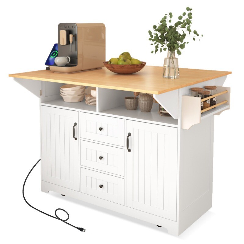 55.7'' Large Kitchen Island with 2 Drop LeafnRolling Kitchen Cart on 5 Wheels