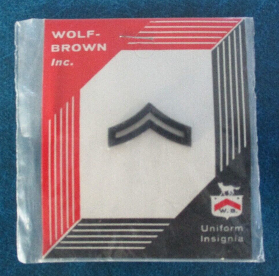 VINTAGE WOLF-BROWN INC UNIFORM INSIGNIA CORPORAL COLLAR PIN IN UNOPENED PACKAGE