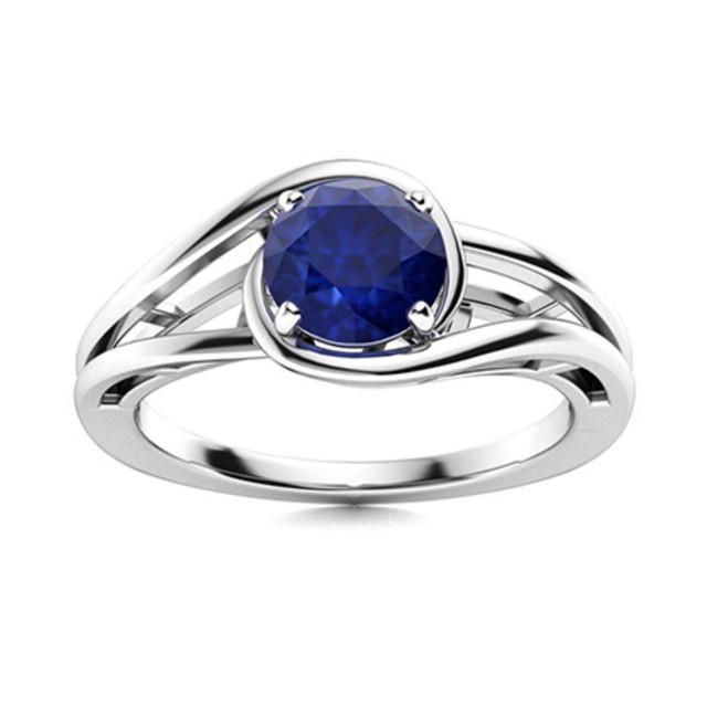 Solitaire 5MM Round Blue Sapphire Split Shank Wedding Ring 925 Sterling Silver