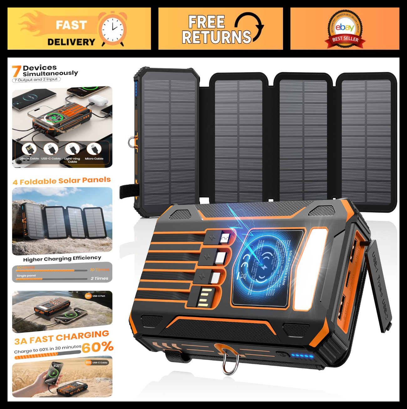 48000mAh Solar Power Bank - Wireless Portable Charger, 4 Cables, Fast Charging