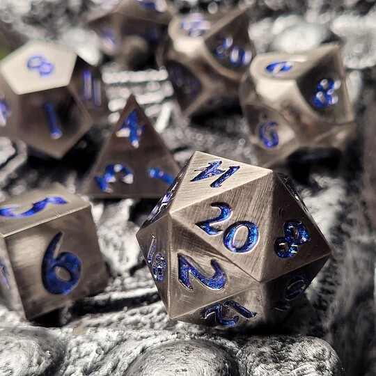 💎 Silver with Blue Mica | Metal DnD Dice Set | Dungeons &Dragons RPG