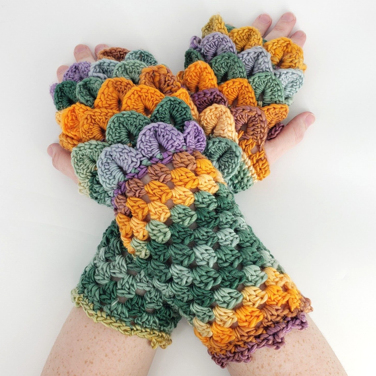 Crocheted Fingerless Gloves Dragon Scale Green Orange Ombre Handmade in Ohio