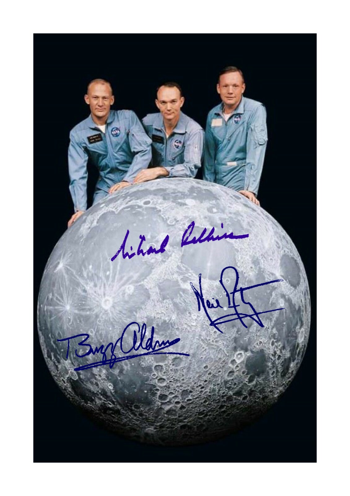 Apollo 11 Crew with Moon Model A4 reproduction autographs poster choice of frame