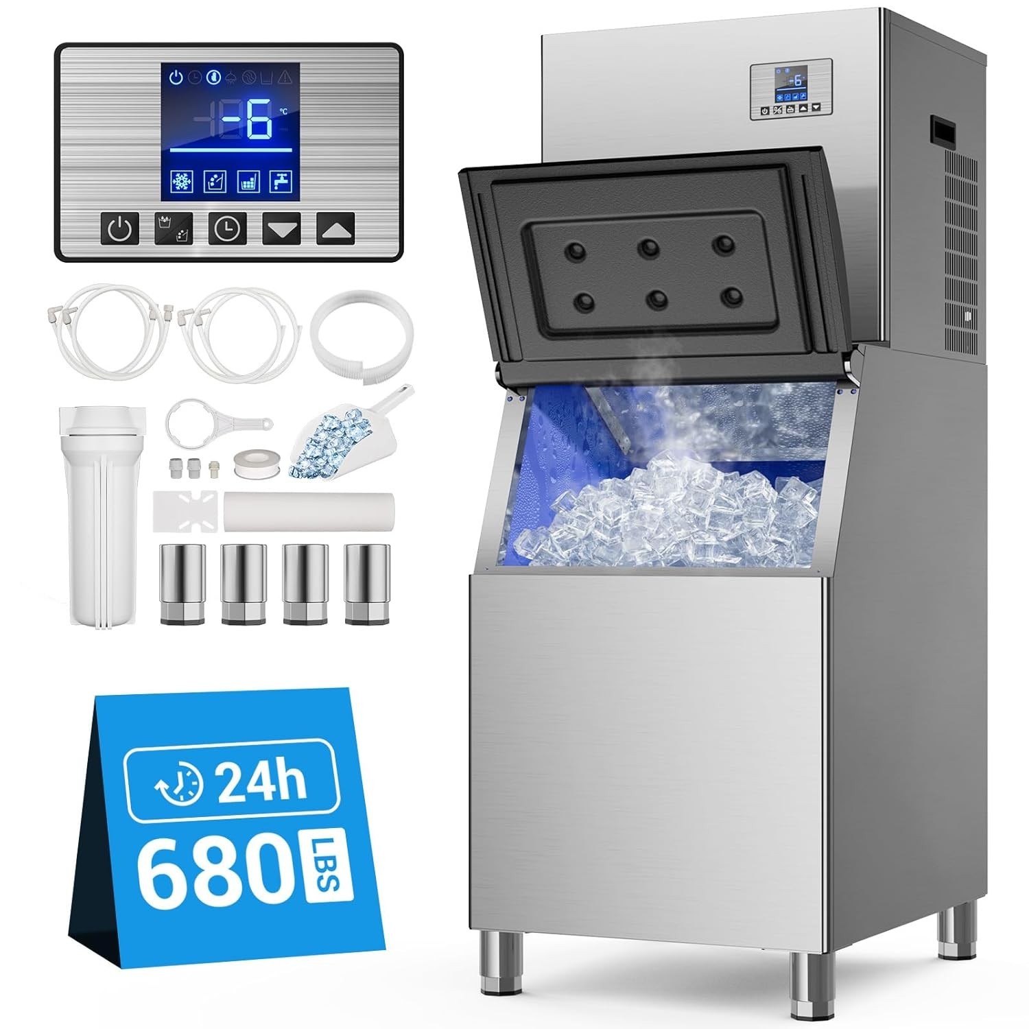 680lbs/24H Commercial Ice Maker Machine 1030W SECOP Compressor Large Storage Bin