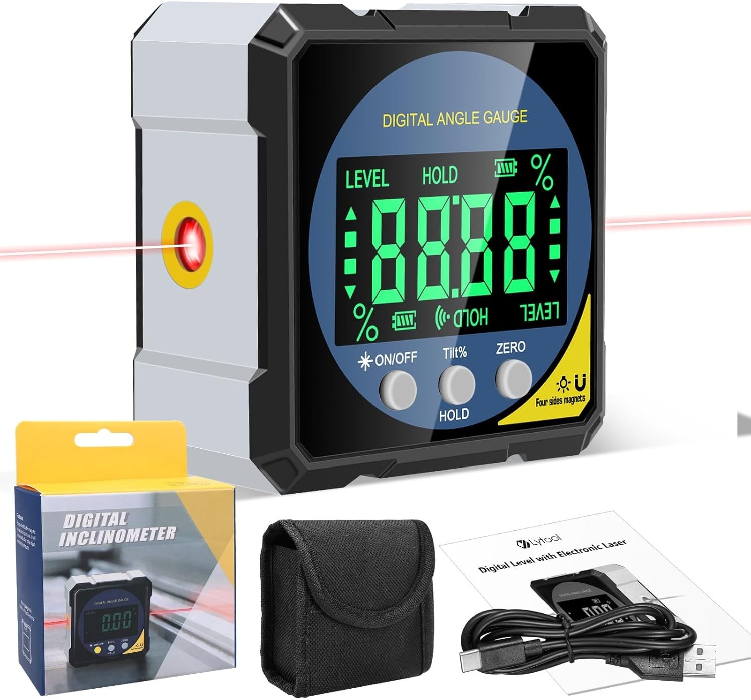 Type-C Rechargeable Laser Protractor with Versatile Measurements & Magnetic Base