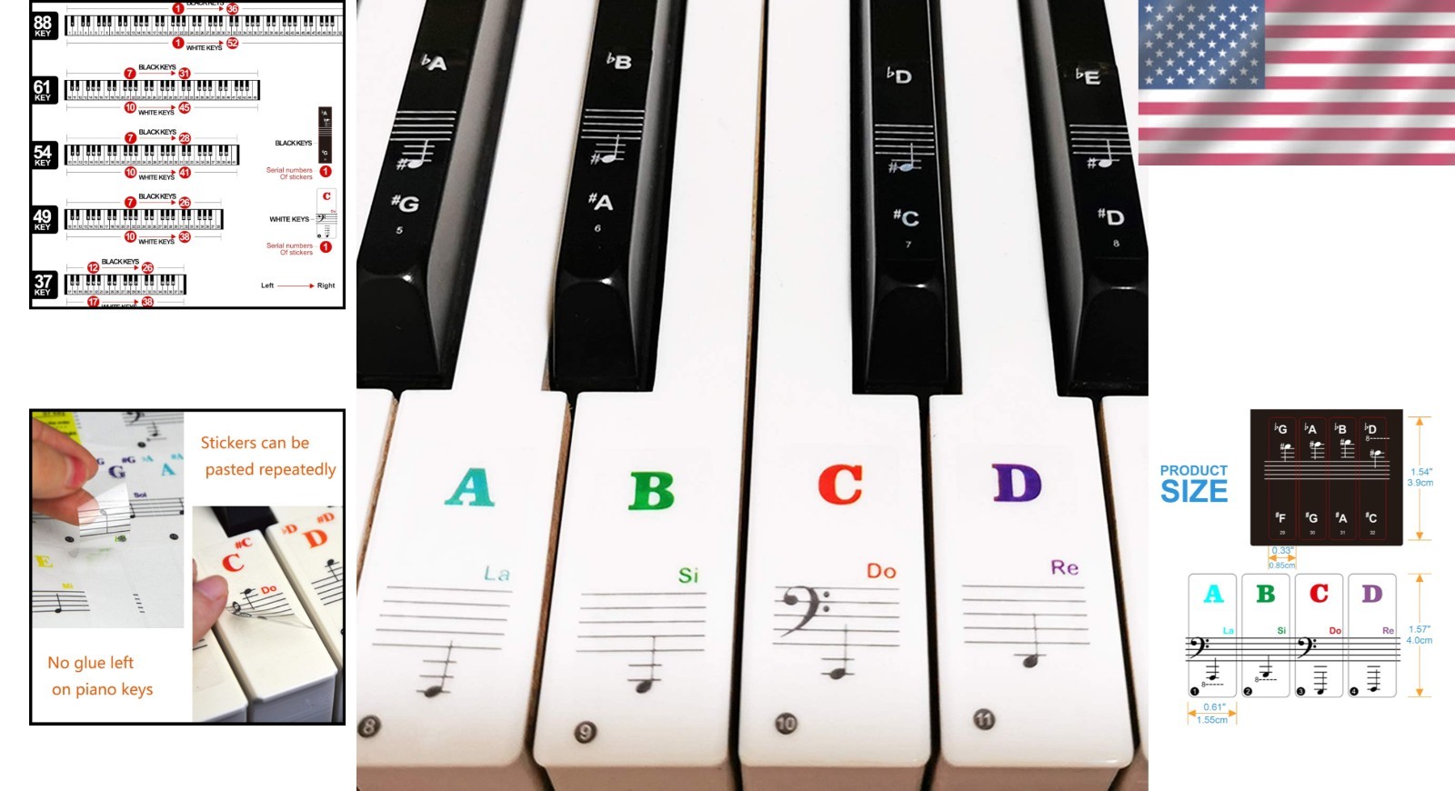 Easy-to-Read Piano Keyboard Stickers for Beginners - Removable, Multicolor Set