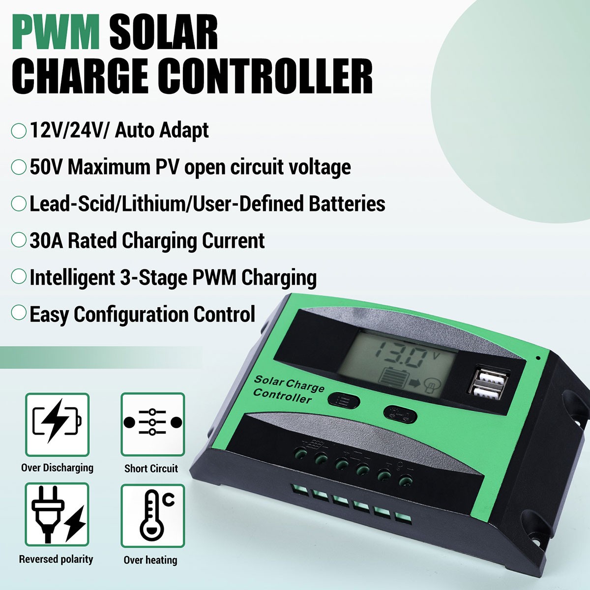 30A Solar Charge Controller Tools 12V/24V Auto Battery PV Regulator US Stock