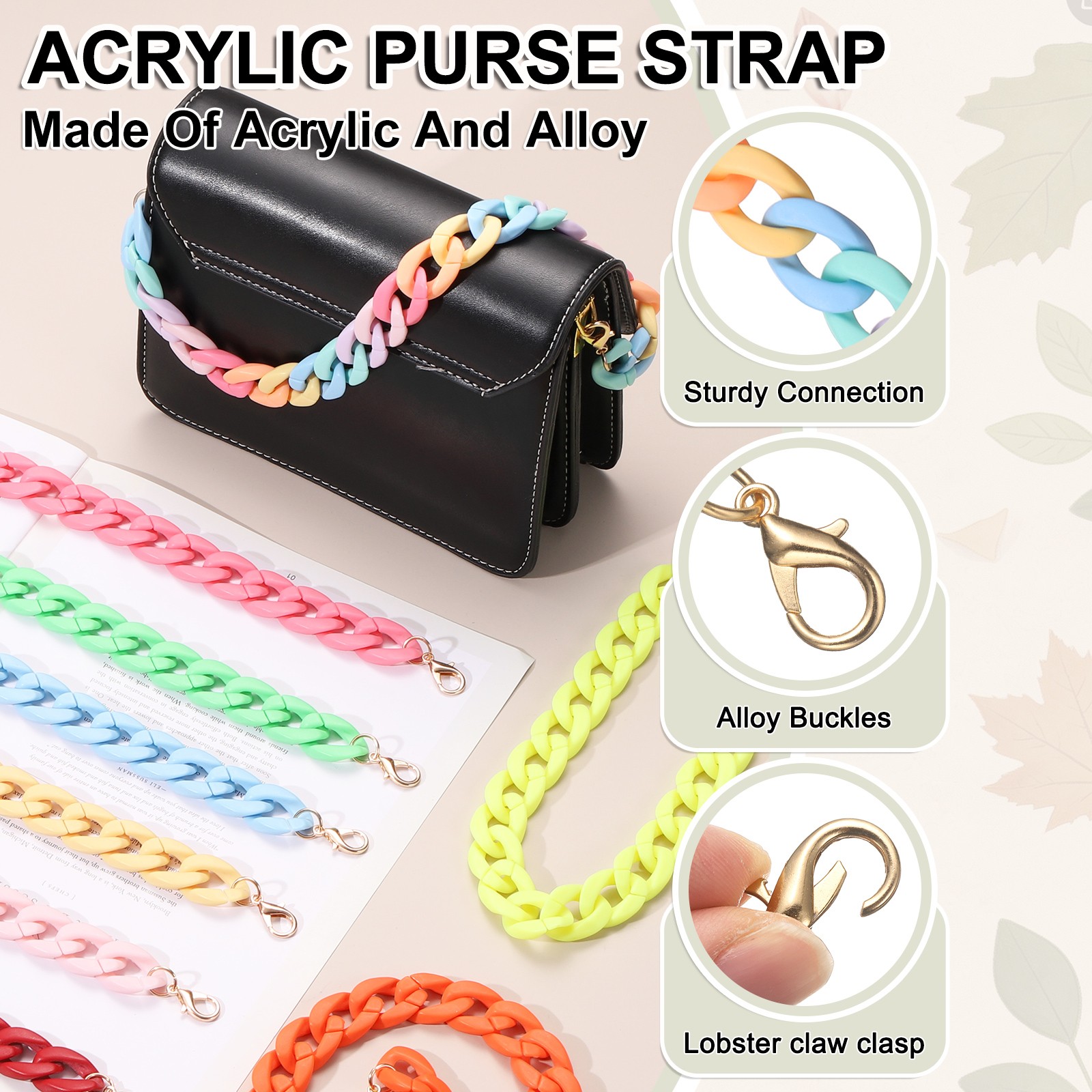 Acrylic Purse Strap, 17.7" Bag Chain for Handbags Handle, Rainbow