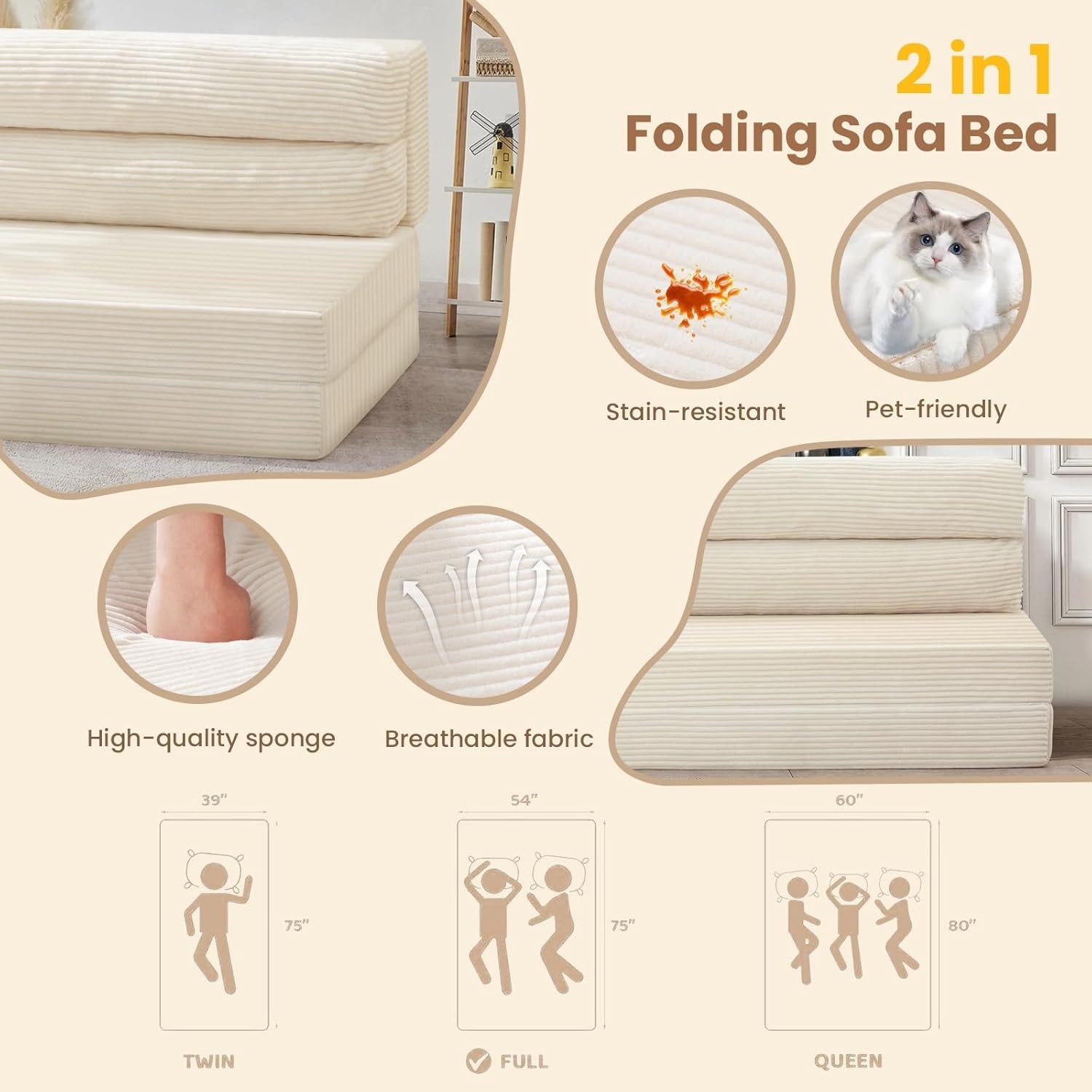 Folding Sofa Bed Convertible Sleeper Chair W/ Pilow Foldable Matress 2 in 1 Pull