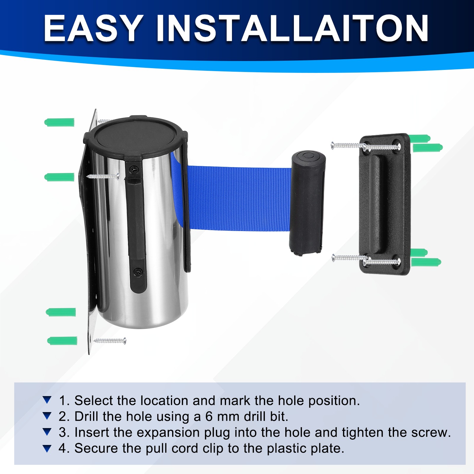 Fixed Wall Mount Retractable Belt Barrier (10 Feet, Dark Blue) (2 Pcs)