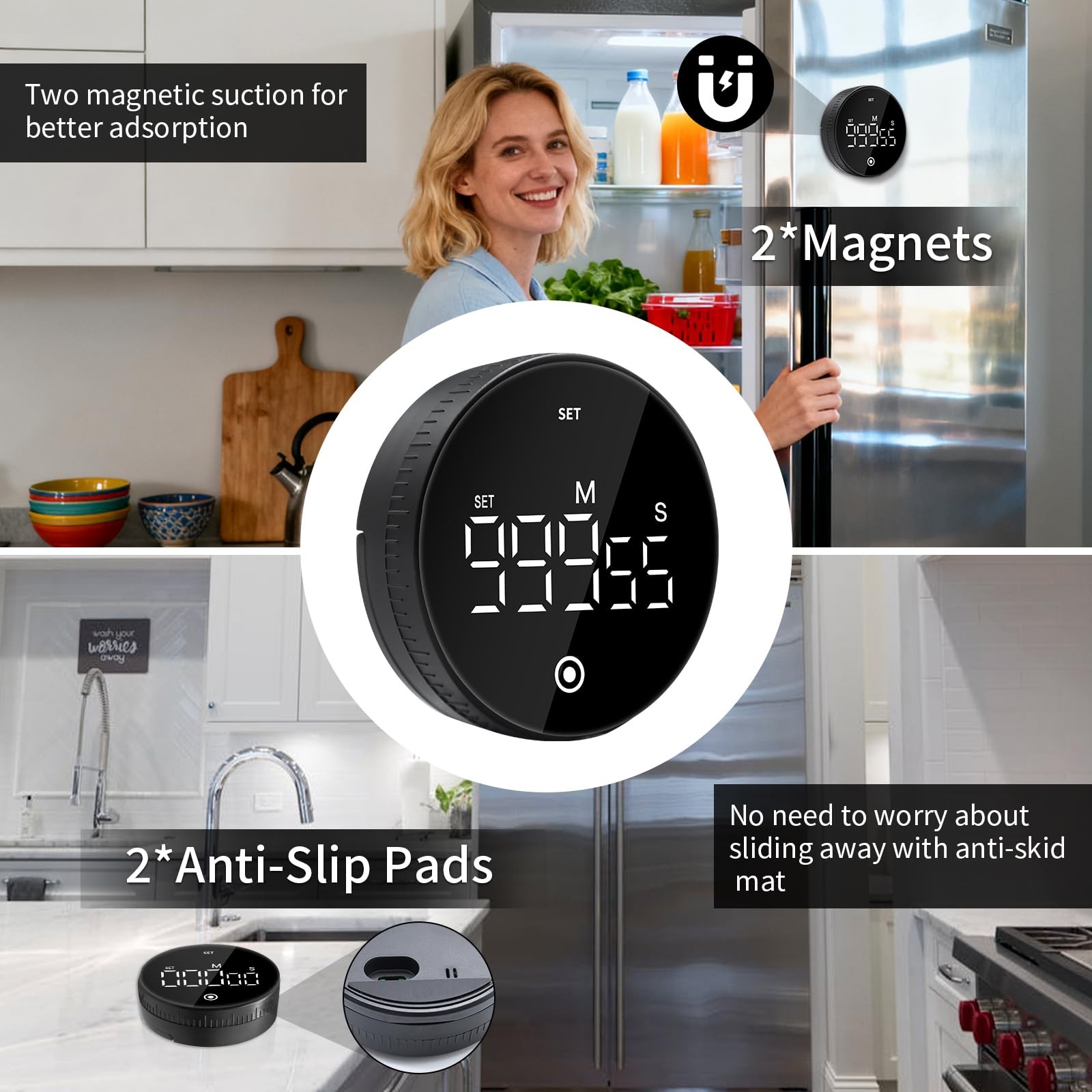 Digital Kitchen Timer, Magnetic Visual Countdown Countup Timer with Large LED...