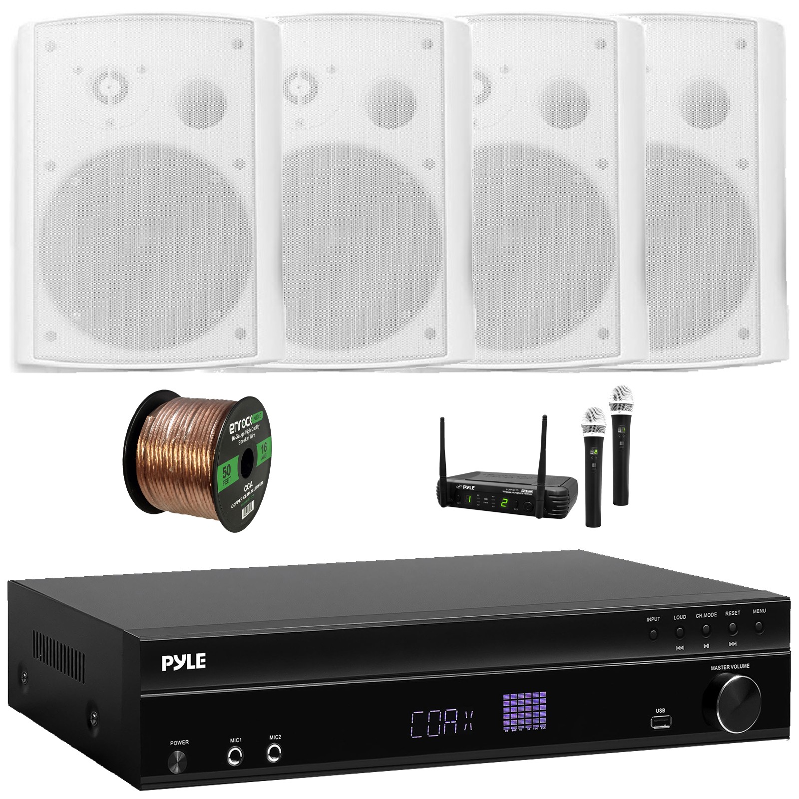 Pyle 5.2 Channel Karaoke Home Receiver, 4x 6.5" 500W Max Power Speakers + Mic