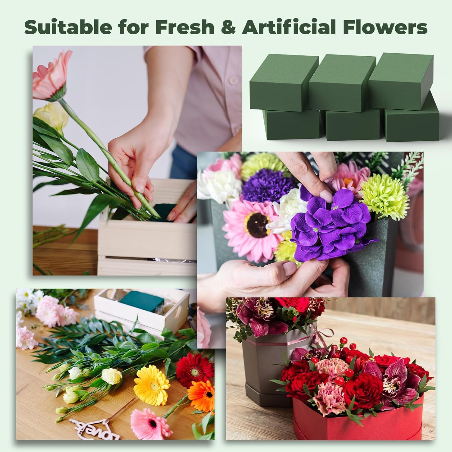 Upgraded 6 Pack Floral Flower Foam Blocks, Green Plant Foam for Flower Arrangeme