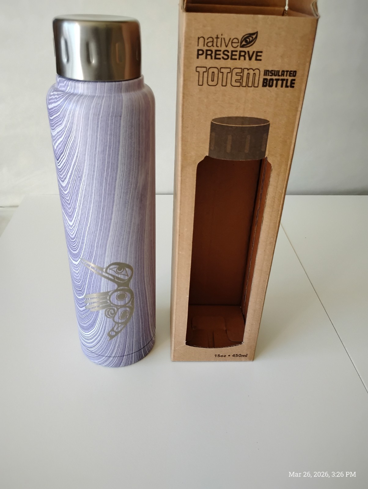 Native Preserve Totem Insulated Stainless Steel Bottle 15oz Purple Hummingbird