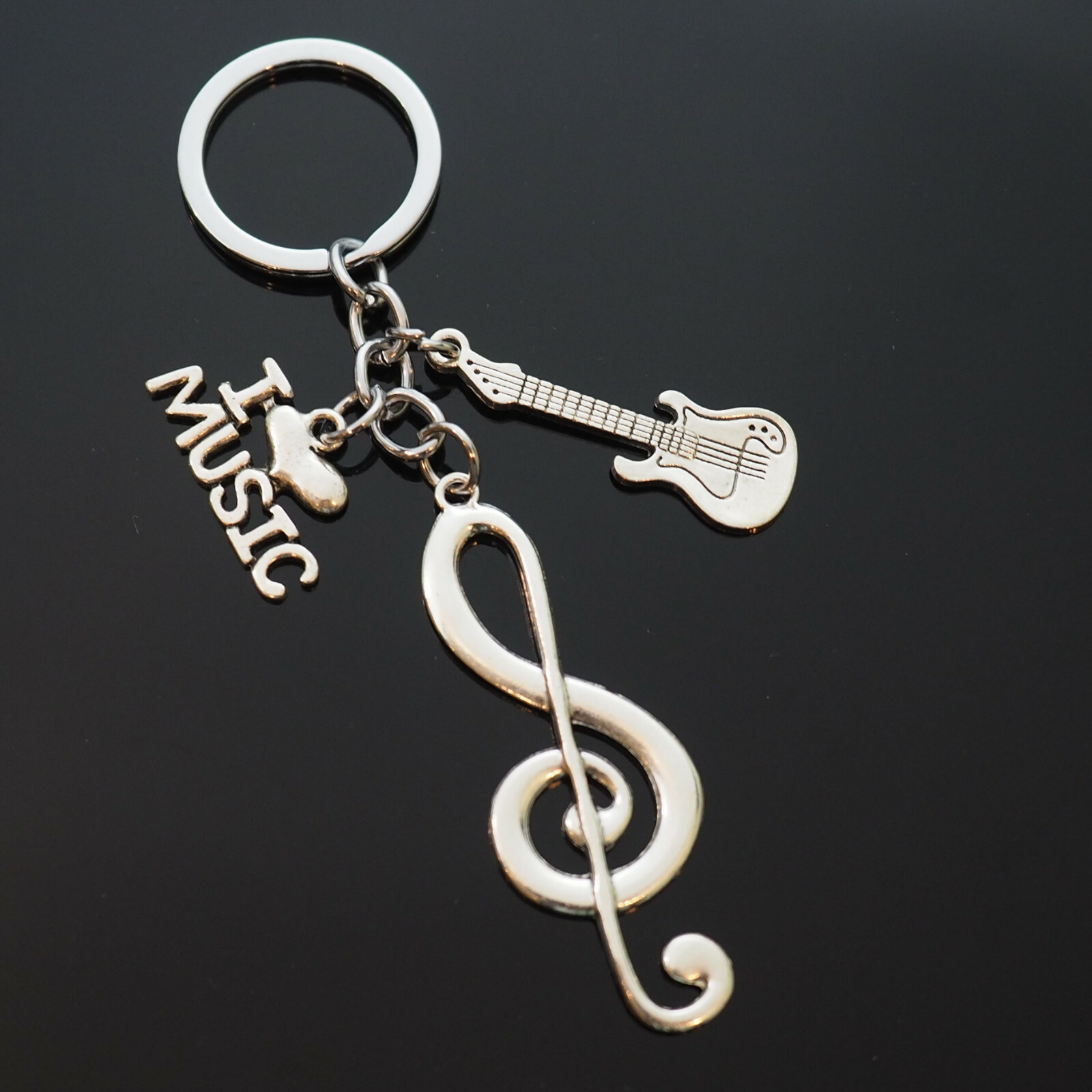 I Love Music Charm Electric Guitar Treble Clef Keychain Musician Band Player