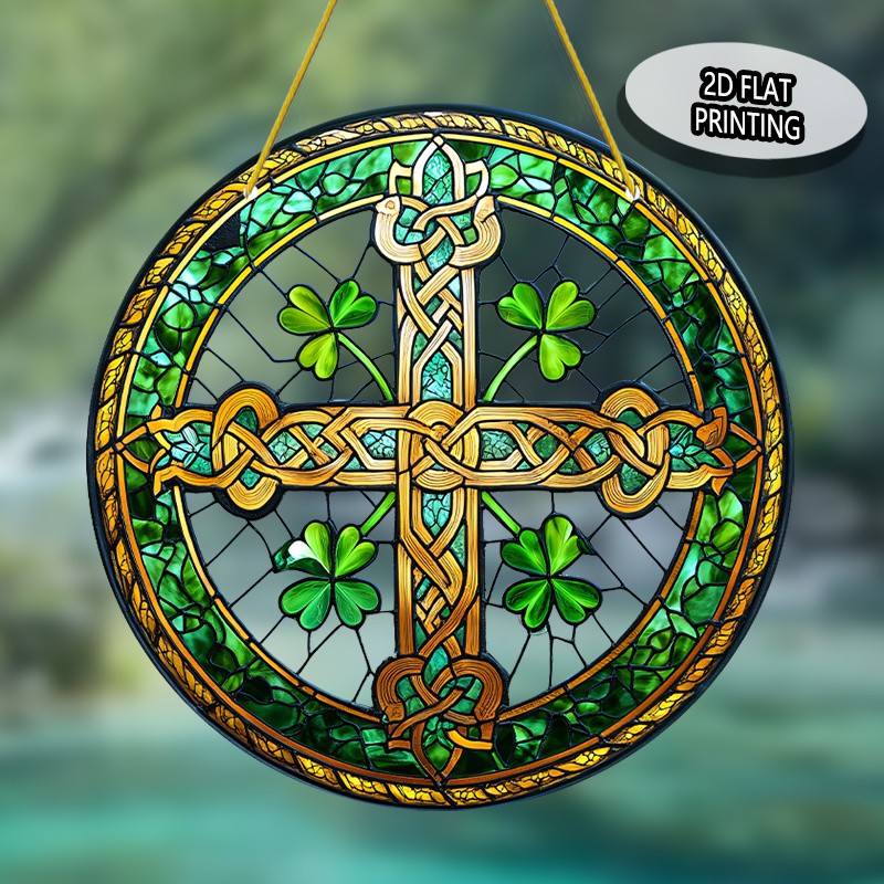 St Patricks Day Celtic Cross Acrylic Suncatcher Shamrock Pattern Round Decor