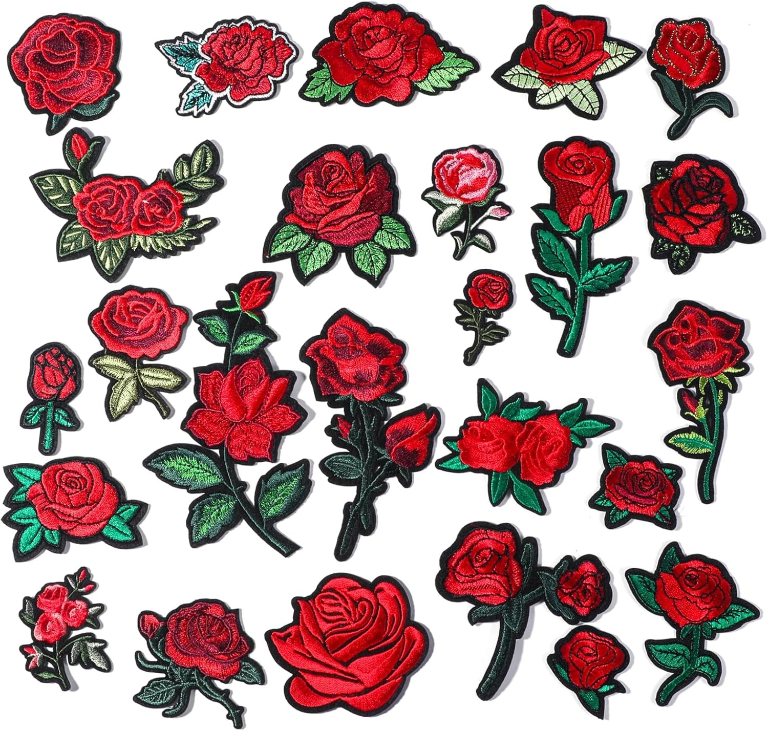 25pcs Assorted Sizes Iron on Rose Patches, Red Floral Embroidered Patches Appliq