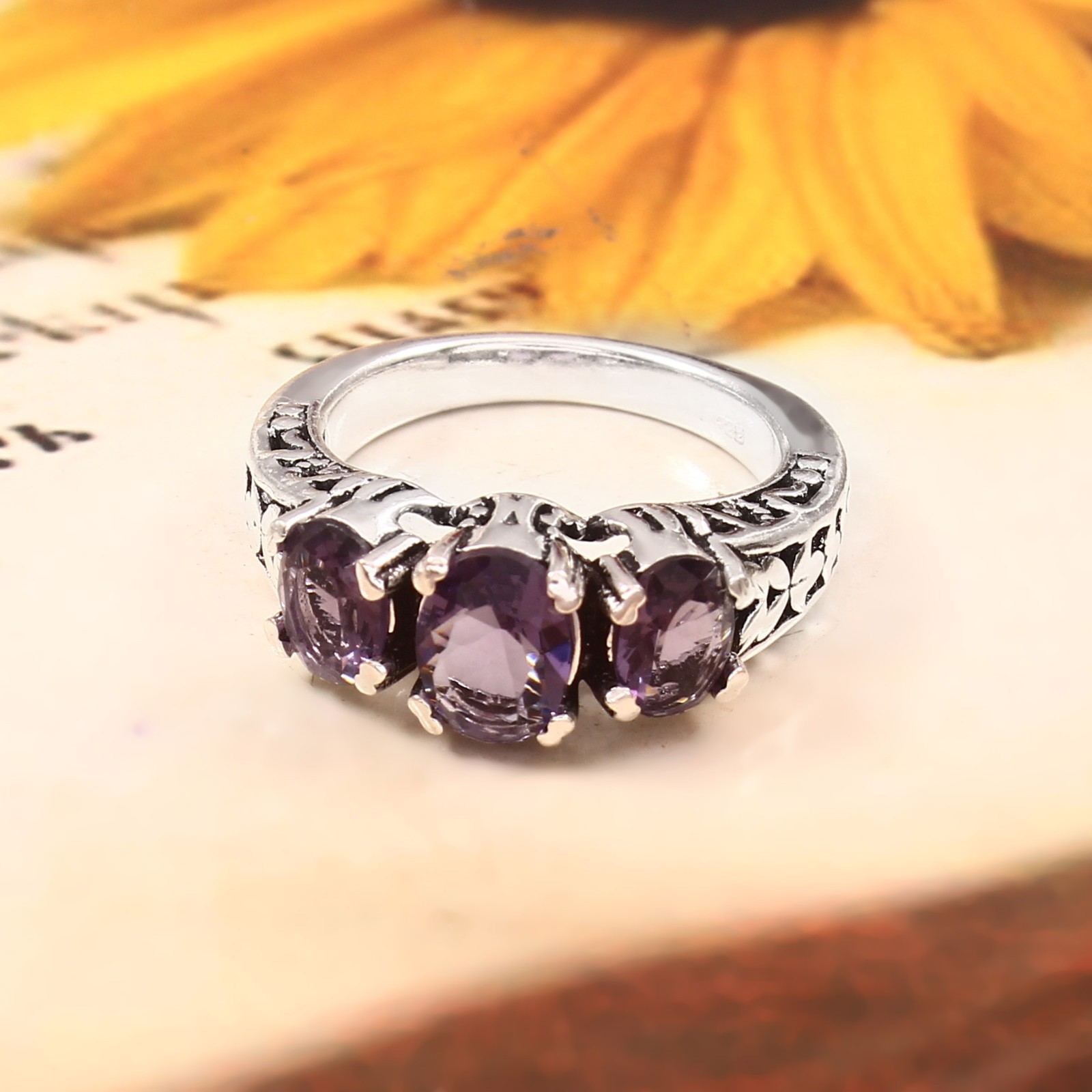 925 Sterling Silver Rose Cut Purple Amethyst Gemstone Jewelry Ring (US All Size)