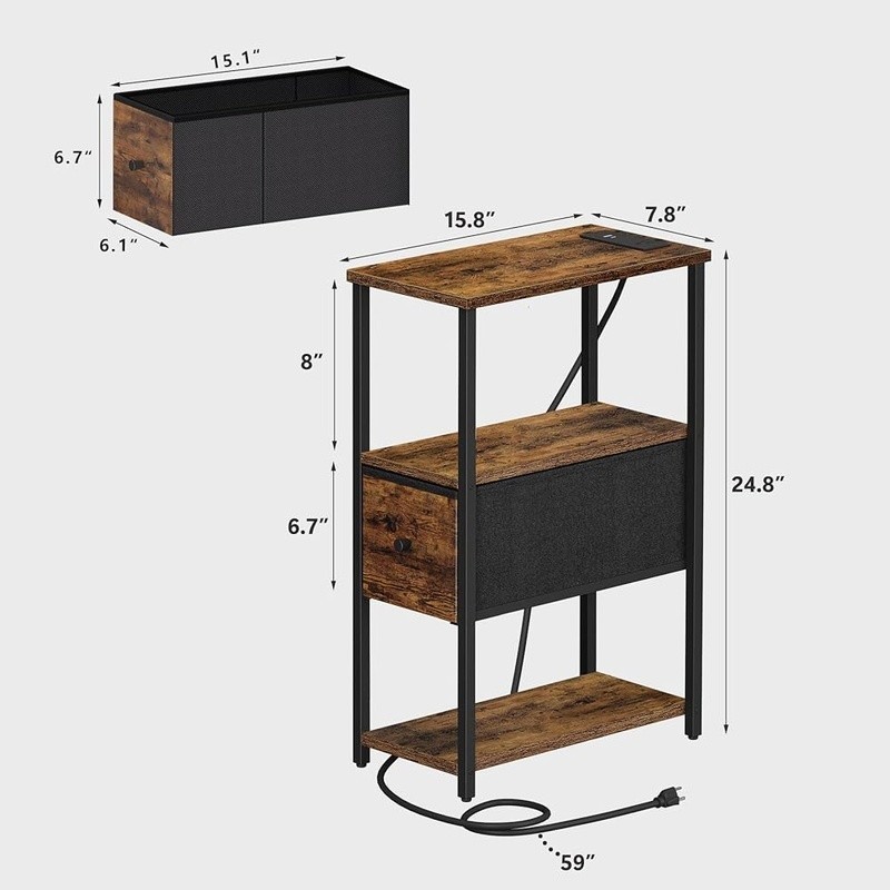 End Table Charging Station Nightstand USB Type C Fabric Drawer Storage Shelves