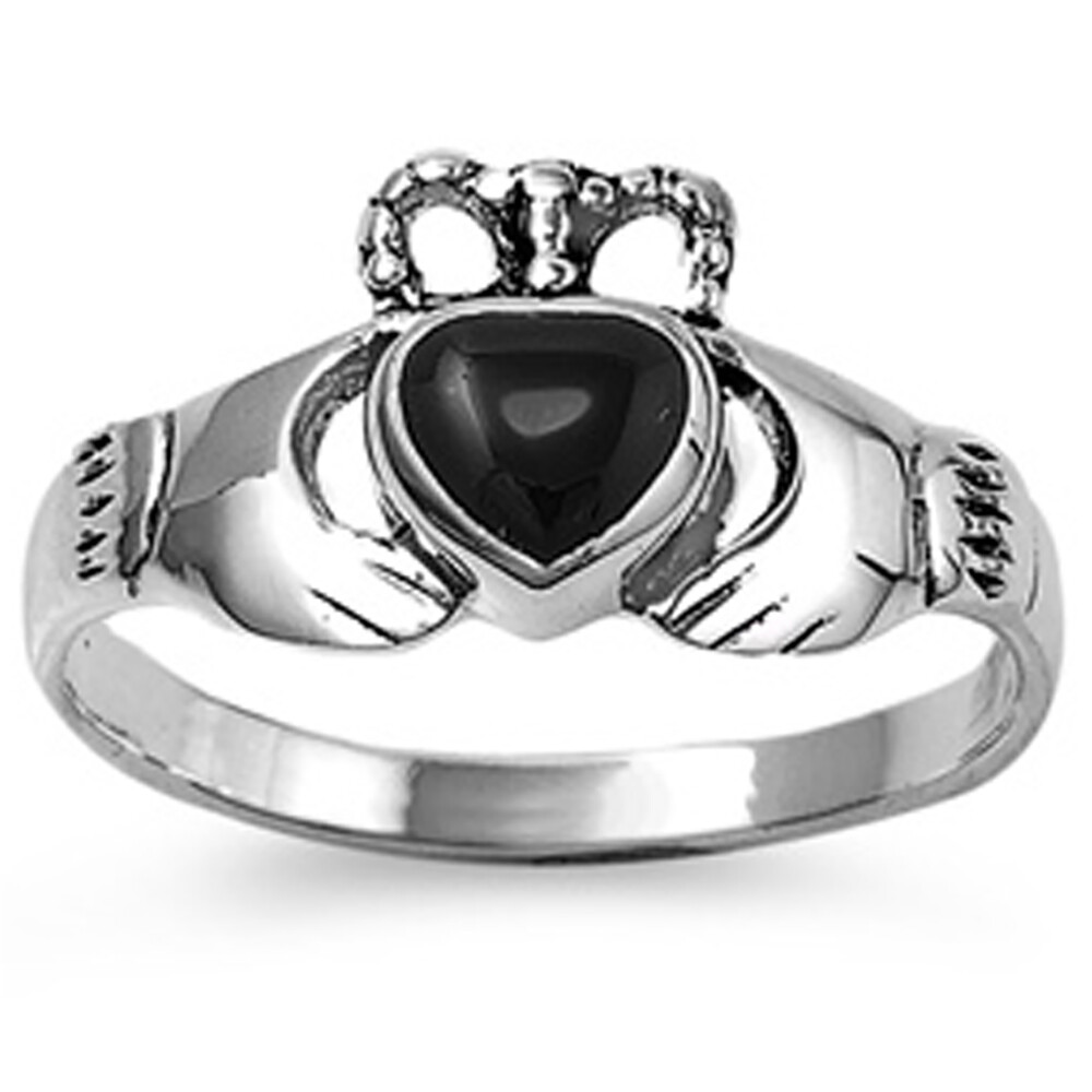 Women 10mm 925 Sterling Silver Simulated Black Onyx Heart Claddagh Ring Band