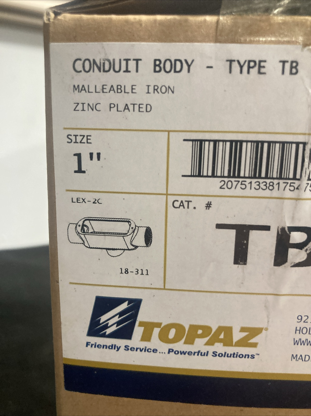 Box of 5 Topaz 1" inch Conduit Body Type TB TB3M Malleable Iron Zinc Wet