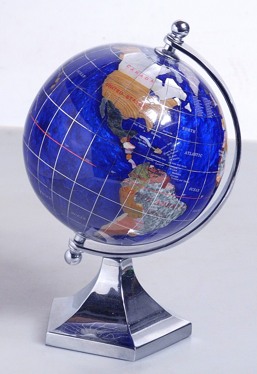 World Globe 4 1/4" Semiprecious Mineral Lapis Mother of Pearl Rotating Mount