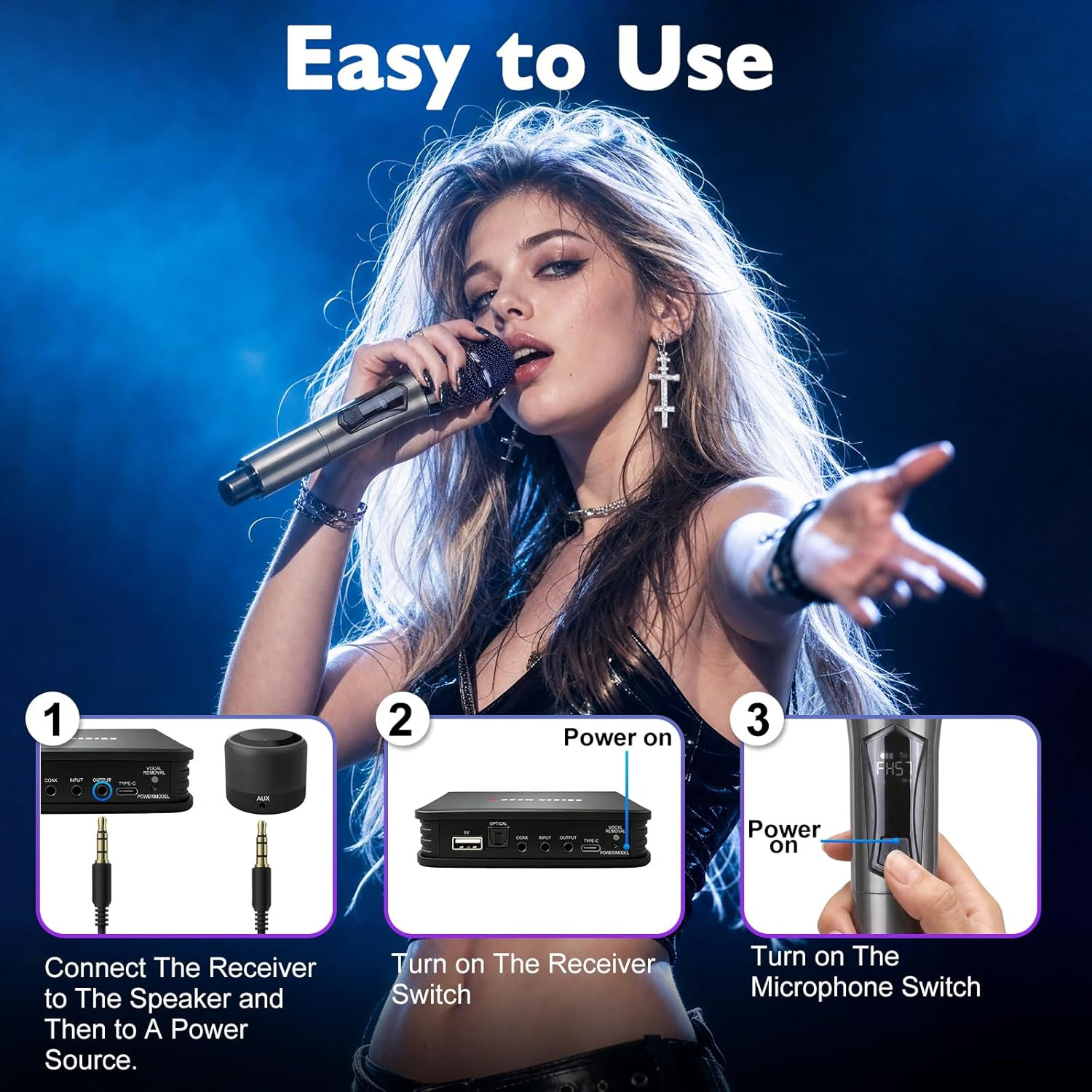 Wireless Microphone Karaoke System with RCA and AUX Audio Interface Output, Supp