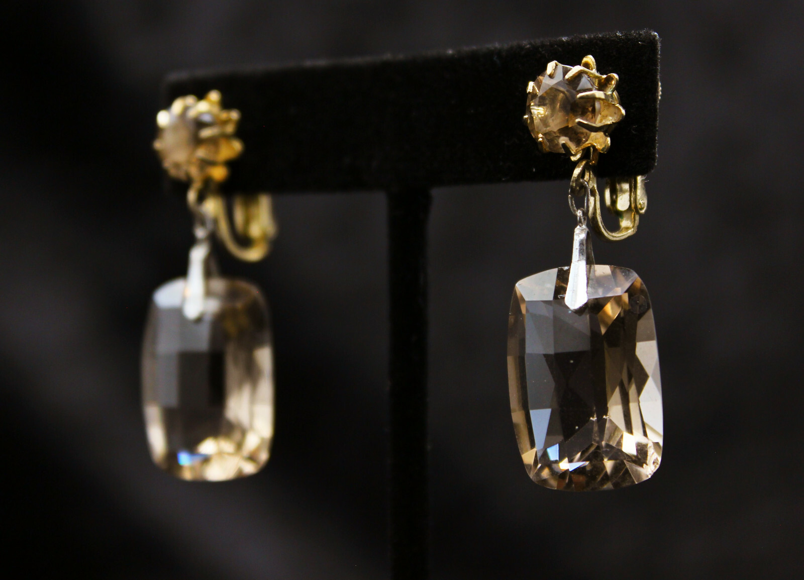 Vintage Chunky Multifaceted Golden, Smoky Crystal Screw Back Earrings Warm Tones