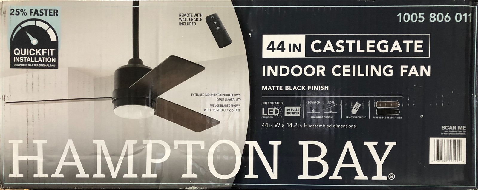 Hampton Bay Castlegate 44 in. Indoor LED Matte Black Ceiling Fan (Open)