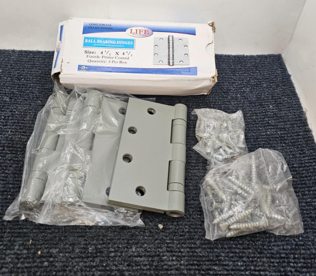 (QTY 3) Life BBPC4545: Ball Bearing Hinge 4 1/2" x 4 1/2" Prime Coated